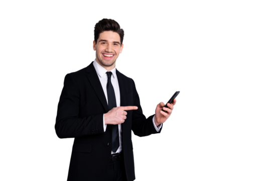 Portrait  sales representative demonstrate new product option give feedback attention advice information feel excited enjoy advertising concept wear black jackets stylish isolated grey background