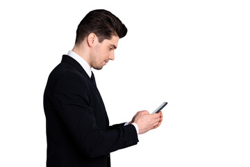 Profile side view photo focused concentrated agent boss chef have communication conversation arrange meetings colleagues clients search information wear classic outfit isolated silver background