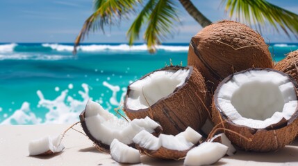 Coconuts on a Sunny Beach. Fresh Coconuts and Coconut Pieces Under a Palm Tree with Turquoise Ocean Waves. Paradise, Vacation, Summer Concept, focus cover all object
