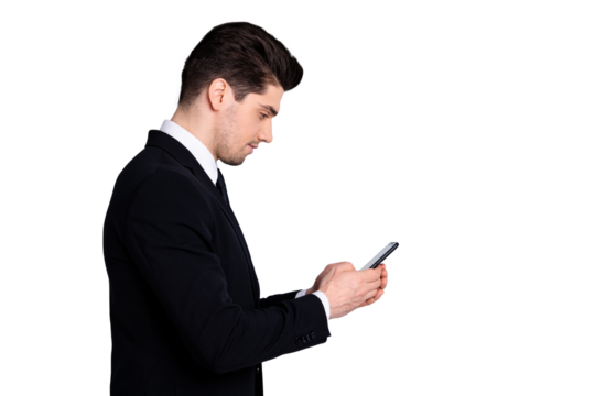 Profile side view photo focused concentrated agent boss chef have communication conversation arrange meetings colleagues clients search information wear classic outfit isolated silver background