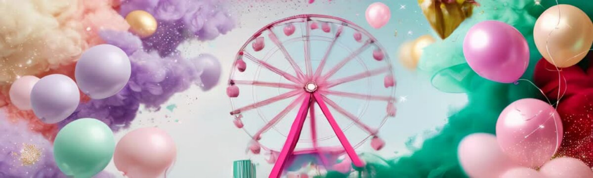 Easter greeting card web banner. Decorated Easter eggs against carnival scene with ferris wheel and colorful carousel background. Spring holiday copy space background