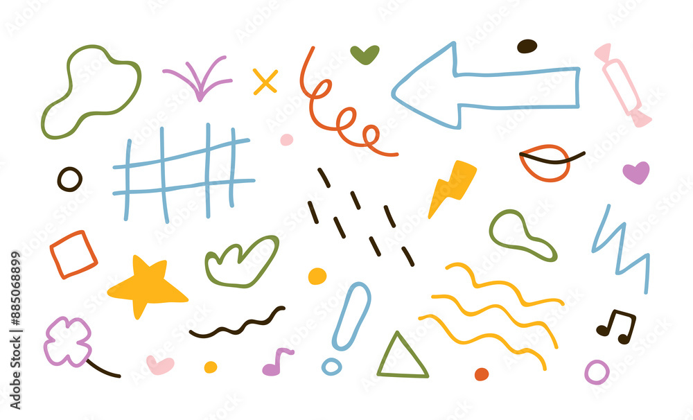 Aufkleber doodle scribble abstract elements, simple shapes, sketchy lines set. cute clip art bundle. creative 