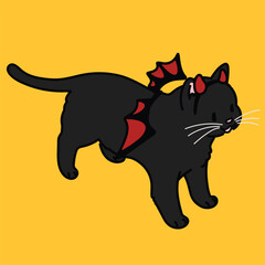 Simple and adorable Halloween illustration of Black Cat with devil wings outlined