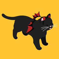 Simple and adorable Halloween illustration of Black Cat with devil wings flat colored