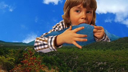 Contemporary art collage. Child, little boy appears to eat mountain as he eat ice cream in hot summer day. Concept of recreation, summer holiday, relax, tourism, people and nature.