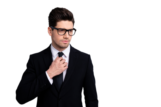 Portrait of serious handsome gorgeous guy lawyer ready for trial prepare feel concentrated focused true stylish leader leadership dressed in modern jackets isolated on silver background
