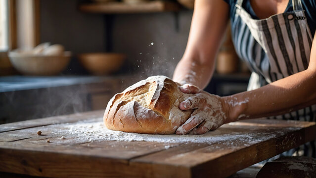 Baker shaping freshly baked bread, highlighting craftsmanship and culinary skills