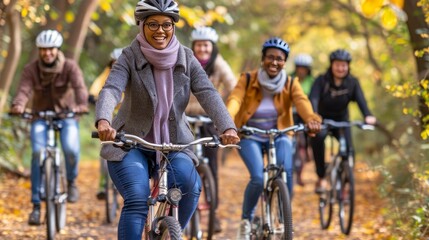 Friends cycling together in a scenic forest landscape, enjoying a leisurely bike ride