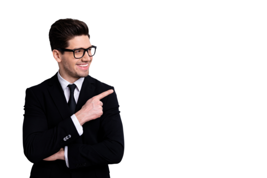 Portrait of his he nice imposing elegant classy attractive cheerful positive guy executive leader expert development agent broker pointing aside new novelty isolated over light gray background