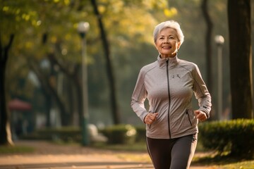 Senior woman jogging in the park healthy lifestyle for longevity concept