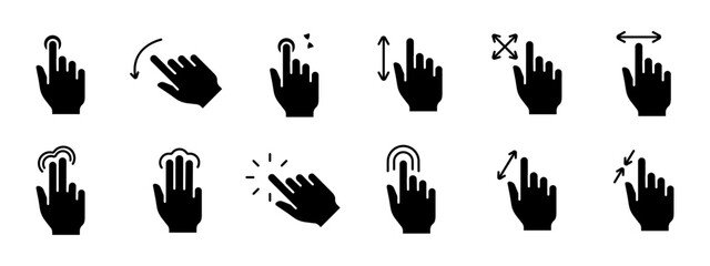 Fototapeta premium Touch pad icon. Index finger, doubleclick, decrease, increase, turn, rotation, approximation, press, Scrolling, click, arrow, sensor, turn. Zoom in, move, response time, x2