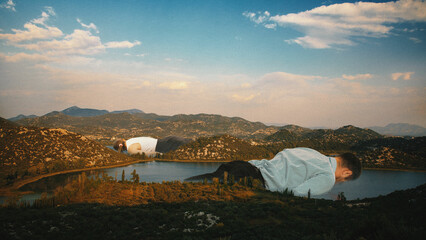 Contemporary art collage. Office workers lie collapsed over lake and rolling hills, symbolizing need for rest and escape from daily grind. Concept of recreation, summer holiday, people and nature.