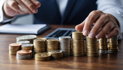 Man arranging stacks of coins in a financial planning session.