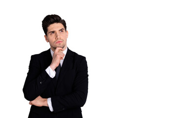 Close up photo amazing he him his macho handsome look up empty space arm touch chin deep thinking...