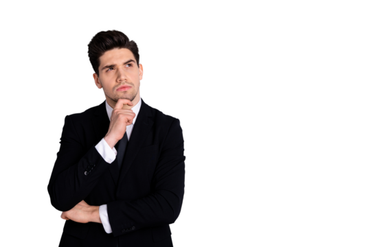 Close up photo amazing he him his macho handsome look up empty space arm touch chin deep thinking minded make decision doubtful wear specs shirt suit jacket tie formalwear isolated grey background