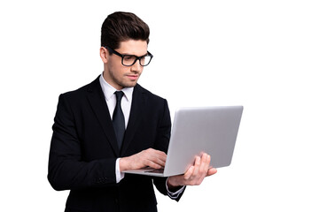 Portrait of his he nice representative imposing elegant classy attractive guy holding in hands...