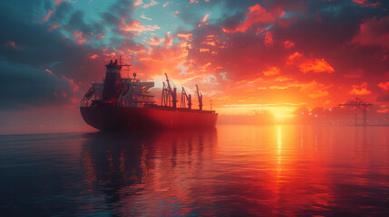 Obraz premium Cargo Ship at Vibrant Sunset. Cargo ship sails through calm waters during a vibrant sunset, highlighting global logistics and maritime transportation.
