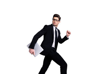 Profile side view portrait of his he nice attractive guy carrying in hands laptop finance marketing...