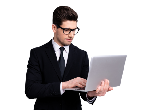 Portrait of his he nice representative imposing elegant classy attractive guy holding in hands e-commerce executive leader expert development agent broker isolated over light gray background