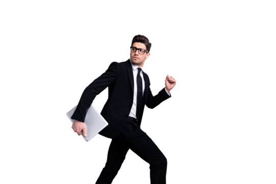 Profile side view portrait of his he nice attractive guy carrying in hands laptop finance marketing manager executive leader expert development agent broker rush hour isolated on light gray background