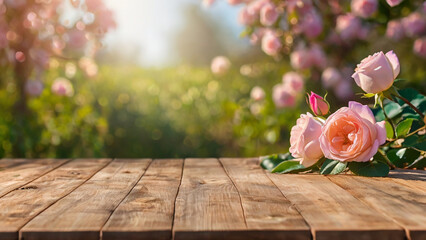 Spring background with empty wooden table. Natural template for product display with rose blossoms bokeh and sunlight. generative ai.