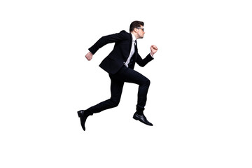 Full length body size profile side view portrait of his he nice elegant attractive confident guy diplomat white collar running fast career growth isolated over light gray background