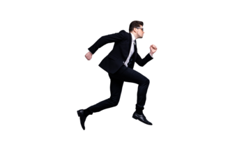 Full length body size profile side view portrait of his he nice elegant attractive confident guy diplomat white collar running fast career growth isolated over light gray background