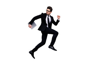 Full length body size view portrait of his he nice attractive strong guy professional experienced executive manager financier carrying laptop career growth isolated over light gray background