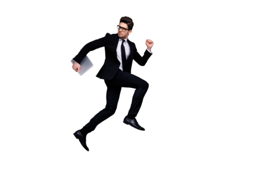 Full length body size view portrait of his he nice attractive strong guy professional experienced executive manager financier carrying laptop career growth isolated over light gray background