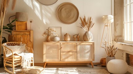 Boho-style living room with beige interior, wooden console, and stylish home decor, creating a cozy atmosphere.