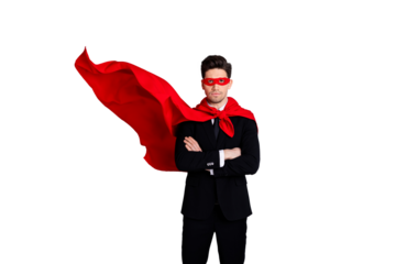 Portrait of his he nice attractive confident strong virile macho incognito guy wearing bright super look outfit mantle accessory best motivation isolated over light gray background