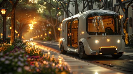 Obraz premium Autonomous Electric Vehicle on Street. Autonomous electric vehicle drives down a street surrounded by trees and flowers, highlighting future urban logistics and transportation.