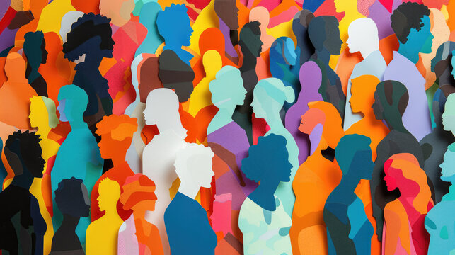 A colorful collage of paper cutouts of people. Paper people background - Powered by Adobe