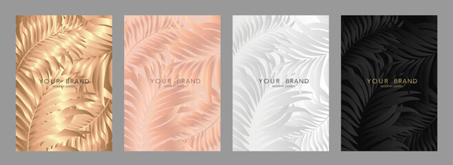 Modern luxury cover design set. Luxury backgrounds with tropical floral pattern in premium pastel colors. Vector template for gift card, wedding invite, elegant menu, eco catalog, A4 folder.