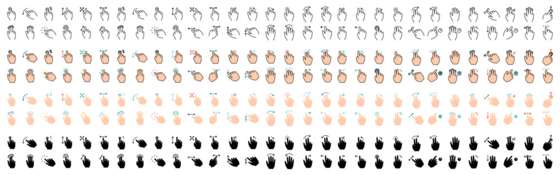 Gesture set icon. Swipe, tap, doubleclick, rotate, pinch, zoom, scroll, gesture, touchscreen, interaction, user interface, hand movement, multitouch, gesture, swipe, pinch, control