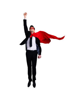 Full length body size photo jumping high he his him I save world expression costume flight up fist raised superman pose mood wear formal wear white shirt suit jacket tie isolated grey background