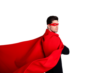 Close up side profile photo adventurous rigorous facial expression he him his man threaten use superpower wear red long cloak raised wind safety protection human race concept isolated grey background
