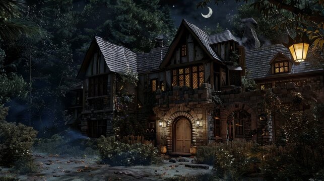 Haunted House in Moonlit Forest on Halloween Night. Dark and Eerie Atmosphere with Spooky Vibes, Perfect for a Mysterious and Dangerous Setting. AI-Generated, 4K High-Resolution Wallpaper.