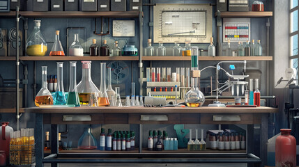 A chemistry lab table and shelves arranged with flasks, beakers, chemical bottles, and test tube racks. S