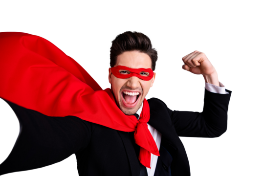 Close up photo adventurous expression he him his man flying use superpower make take selfies show strong hand arm wear red cloak raised wind protection human comics character isolated grey background