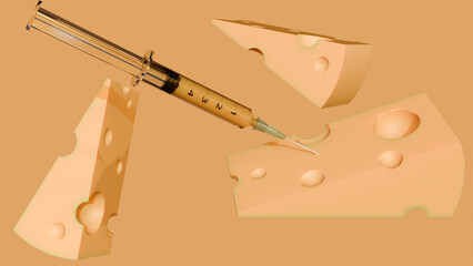 This 3D rendering of the science of food modification depicts the concept of injecting a syringe into cheese, representing potential future applications of biotechnology in food production.