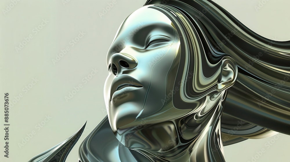 Wall mural futuristic digital sculpture of elegant woman with flowing lines and metallic sheen retro scifi elements blend with sleek modern design creating an otherworldly aesthetic