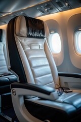 Luxurious Leather Airplane Seat in Business Class Cabin with Window View