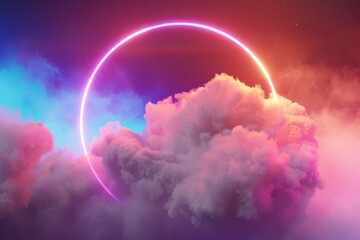 an abstract neon-lit cloud surrounded by a neon light ring in the dark night sky, forming a glowing geometric shape with a round frame. Beautiful simple AI generated image in 4K, unique.