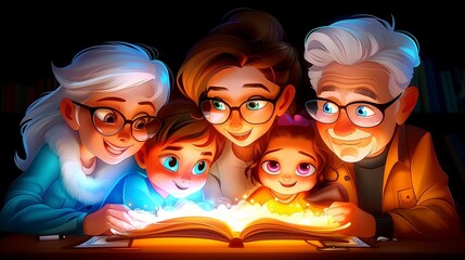 Сhildren with mother, grandmother and grandfather reading a fairy tale, the book glows, cartoon drawing