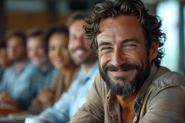 Obraz premium Meeting Room Tension: An employee laughing at a joke during a meeting, while others have exaggerated blank stares, raised eyebrows, or facepalms. 