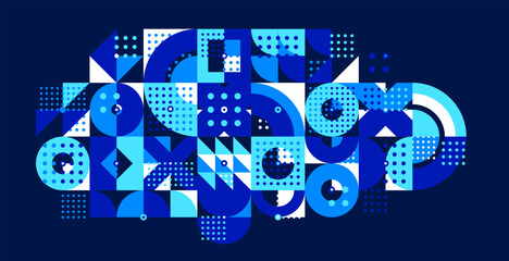 Abstract trendy vector background, modular geometric tiles composition over dark, dotted mosaic with circles and triangles wallpaper.