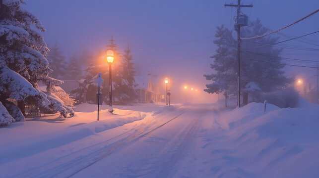 Dim streetlights glow over snowy urban street at dusk. Banner Emergency concept Snowstorm