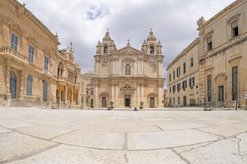 Panoramic picture of St. Paul's Cathedral in the historic Maltese city of Mdina with a deserted forecourt © Aquarius