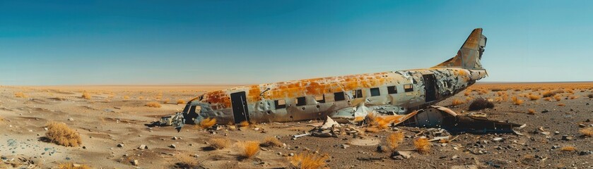 Abandoned Rusty Airplane Wreck in Desert Landscape Under Clear Blue Sky
